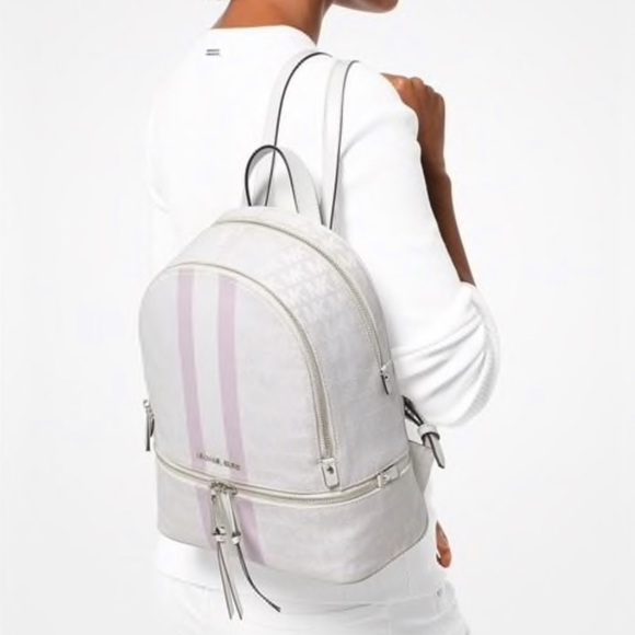 Michael Kors Handbags - NWT Michael Kors Stripe Rhea Backpack White & Pink